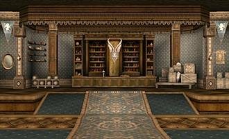 Ellia Hall interior facing its decorated shelves and central banner