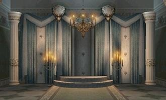Laurel Hall interior facing its chandelier and raised platform